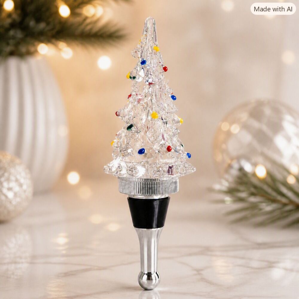 Source Unknown Clear Glass Christmas Tree Bottle Stopper with Multicolor Accents